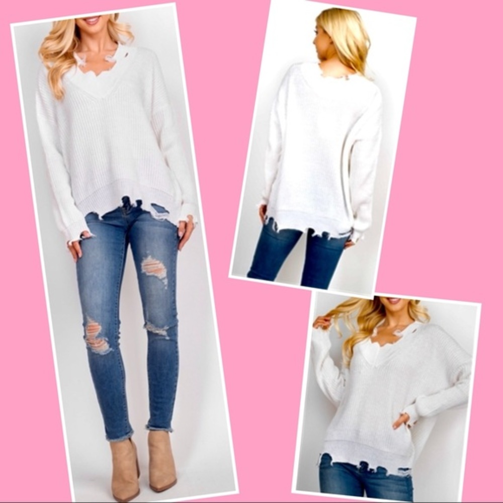 ✨THE PERFECT WEIGHT WHITE V-NECK DISTRESSED KNIT SWEATER-NEW‎